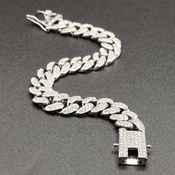 12MM Thick Miami Cuban Link Bracelet Mens Clear 5A+ CZ  Silver Plated Bracelet Miami Cuban Iced Out 12mm Chain CZ Diamonds Jewelry NEW